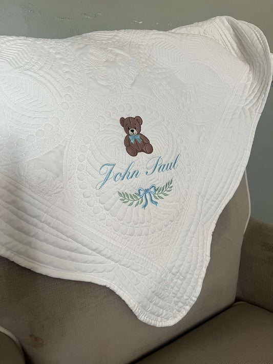 Custom Heirloom Baby Blanket and Personalized Stuffed Animal Combo