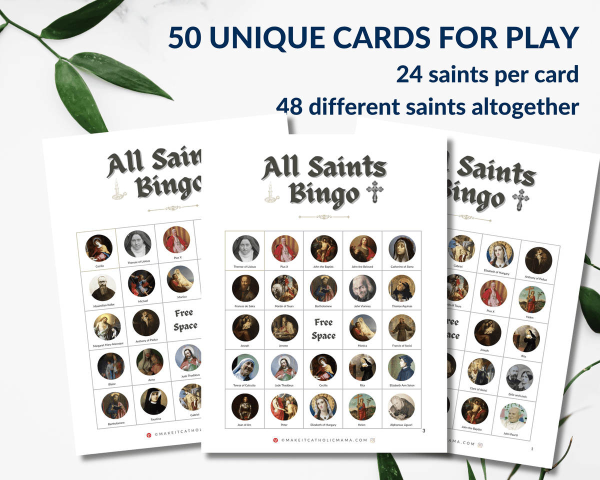 All Saints Day Bingo Game - no AI - For Small or Large Groups - 50 Unique Cards